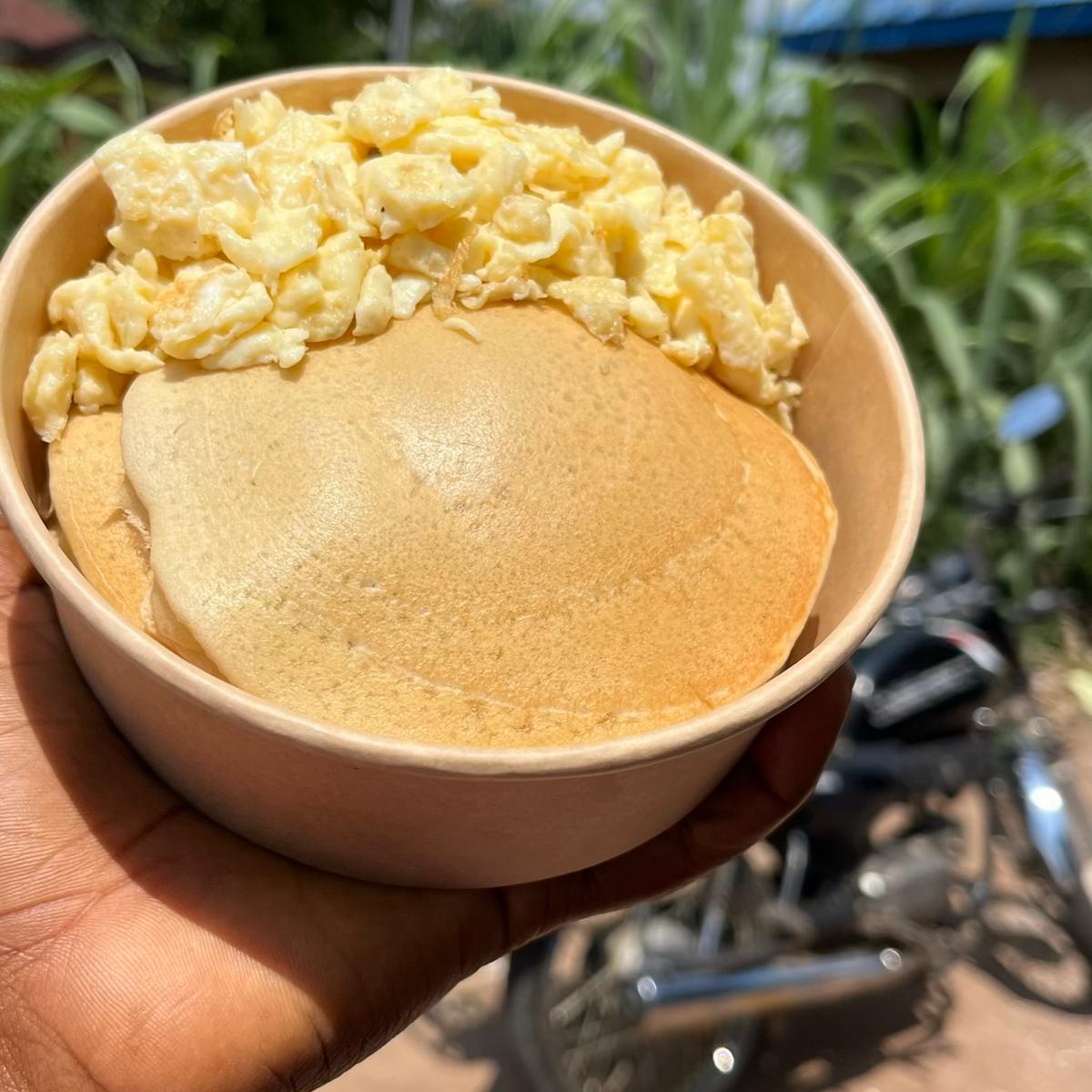 Pancake and scrambled eggs