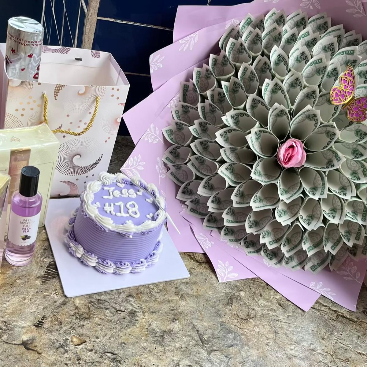 Cake, 50k money bouquet, 2 luxury perfume, card