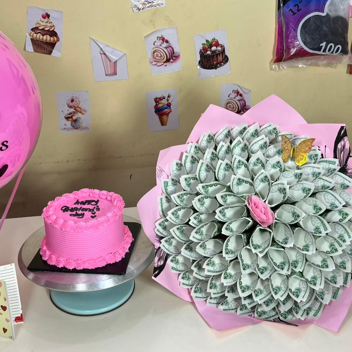 50k money bouquet, hot air balloon treat, cake
