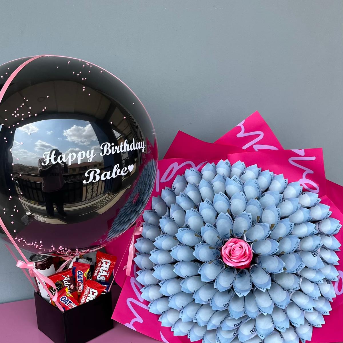 100k money bouquet, hot air balloon treat