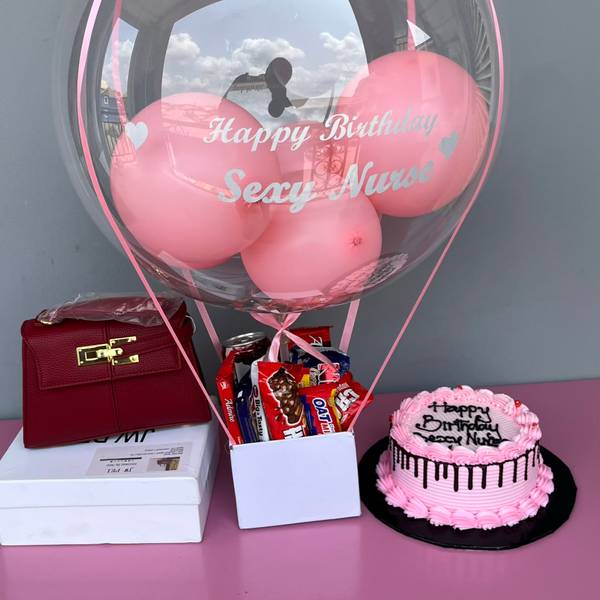 Luxury hand bag, cake, hot air balloon treat