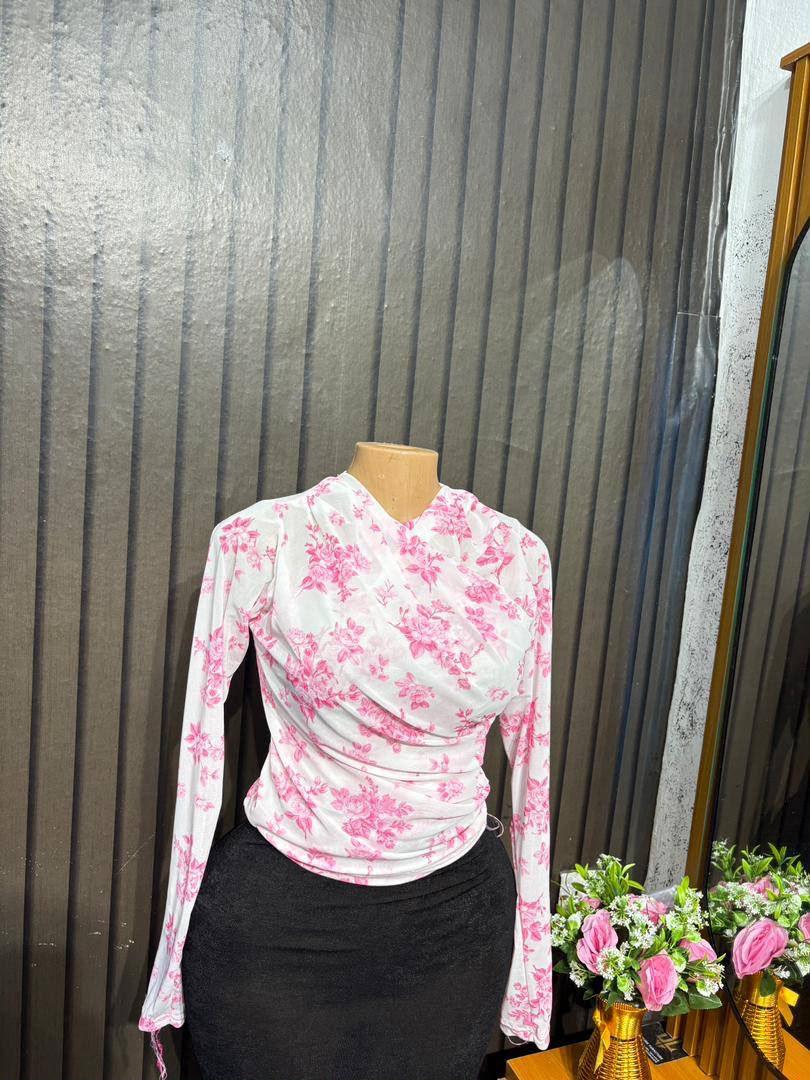 Ruched mesh long-sleeve top